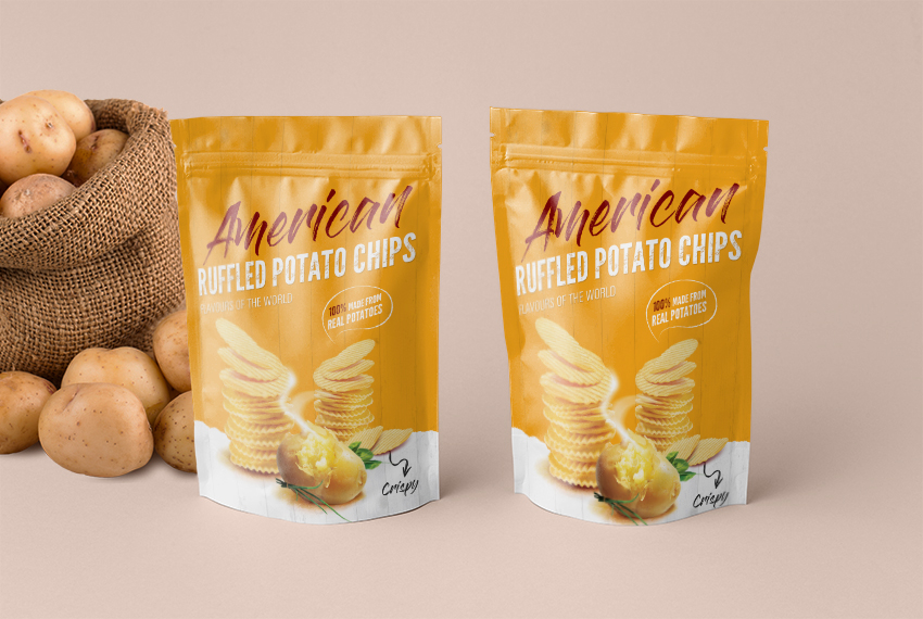 2 yellow resealable pouches of potato chips are standing next to a sack of potatoes.