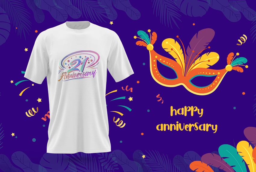 A white printed t-shirt is featured against a vibrant blue background, highlighting an anniversary.
