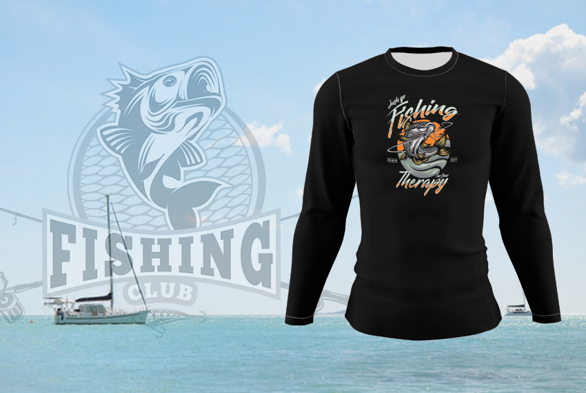 A black long-sleeved shirt is featured against an oceanic background, highlighting a fishing club.