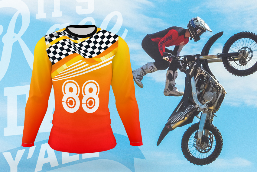 A sports jersey printed with a racing motif, featured against an image of a motocross racer.