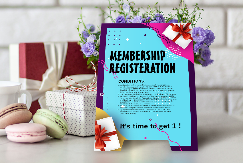 A tent card promoting a membership registration.